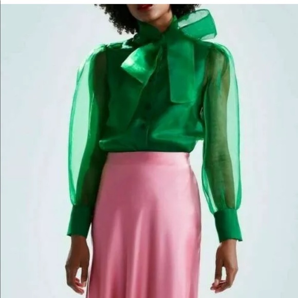 Zara Tops Zara Green Organza Blouse With Bow Semi Sheer Poshmark